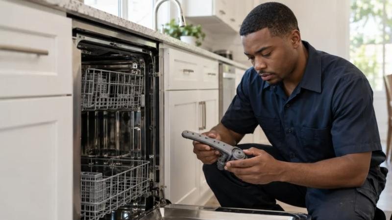 Appliance repair technician beside a refrigerator