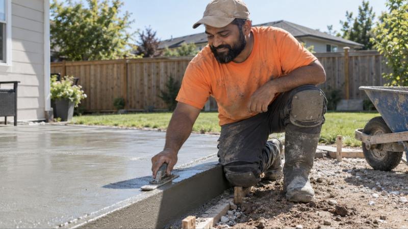 Bearded concrete finisher edging a freshly poured patio with a hand trowel