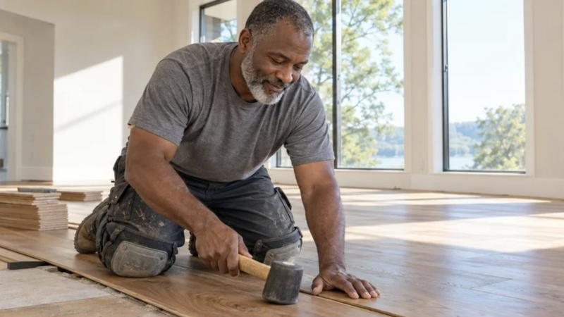 Installer laying hardwood flooring