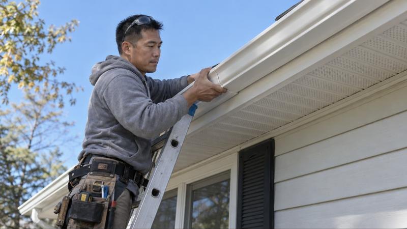 Gutter technician on a ladder fitting a new seamless gutter along a roofline