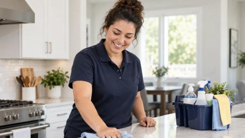 House cleaner wiping a kitchen island