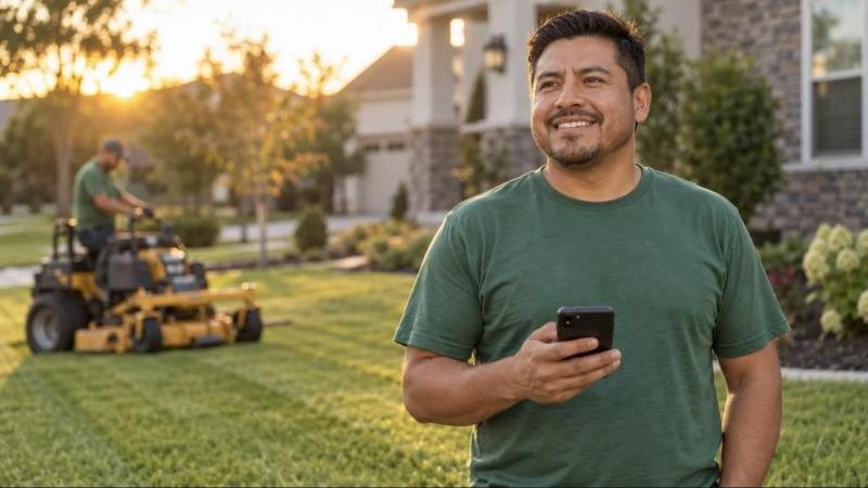 Landscaper smiling at his phone