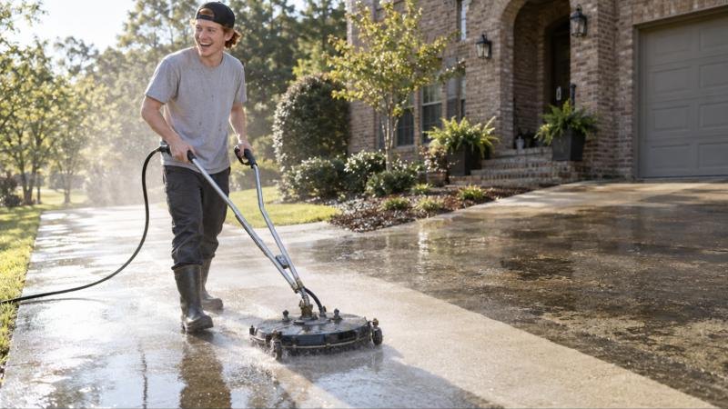 Red-haired technician pressure washing a driveway with a surface cleaner